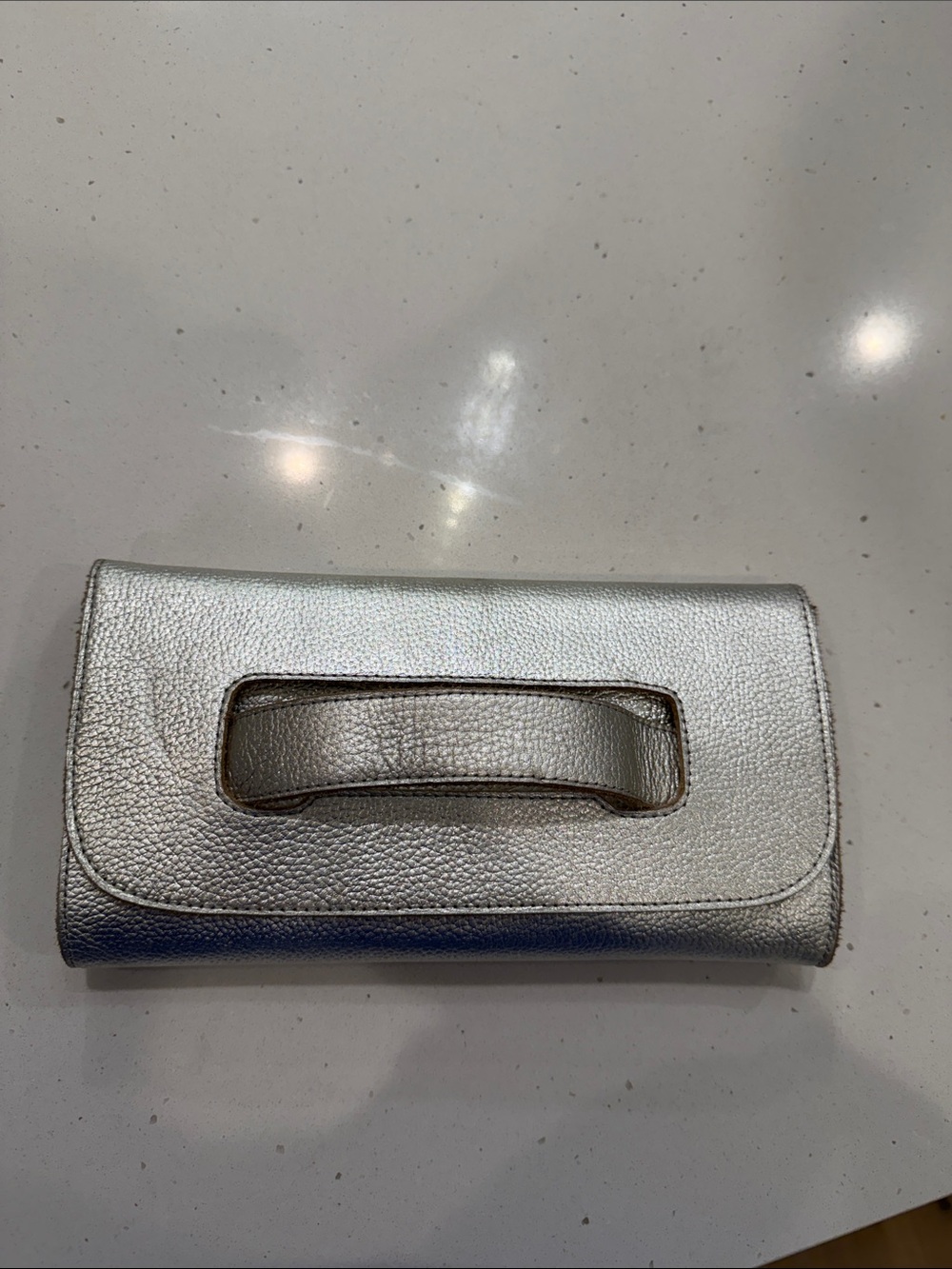 ABLE Mare Handle Clutch Purse Metallic Pebble Leather Silver